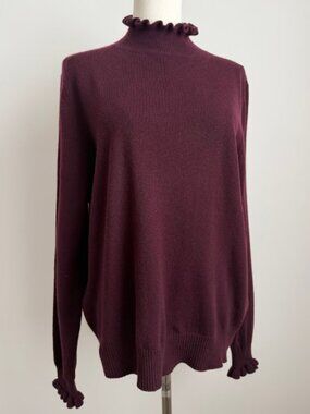 Allude Cashmere Wool Ruffle Neck Pullover Sweater Burgundy Size L